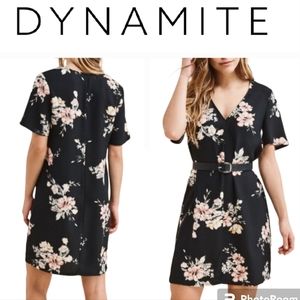 Dynamite Floral V-Neck Fluted T-Shirt Dress
